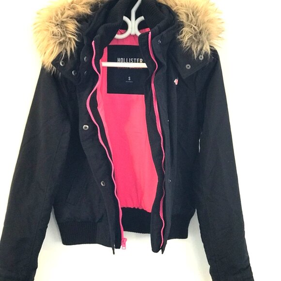 VTG Hollister winter bomber jacket hood faux fur navy/pink spell out Y2K 90's - Picture 1 of 8